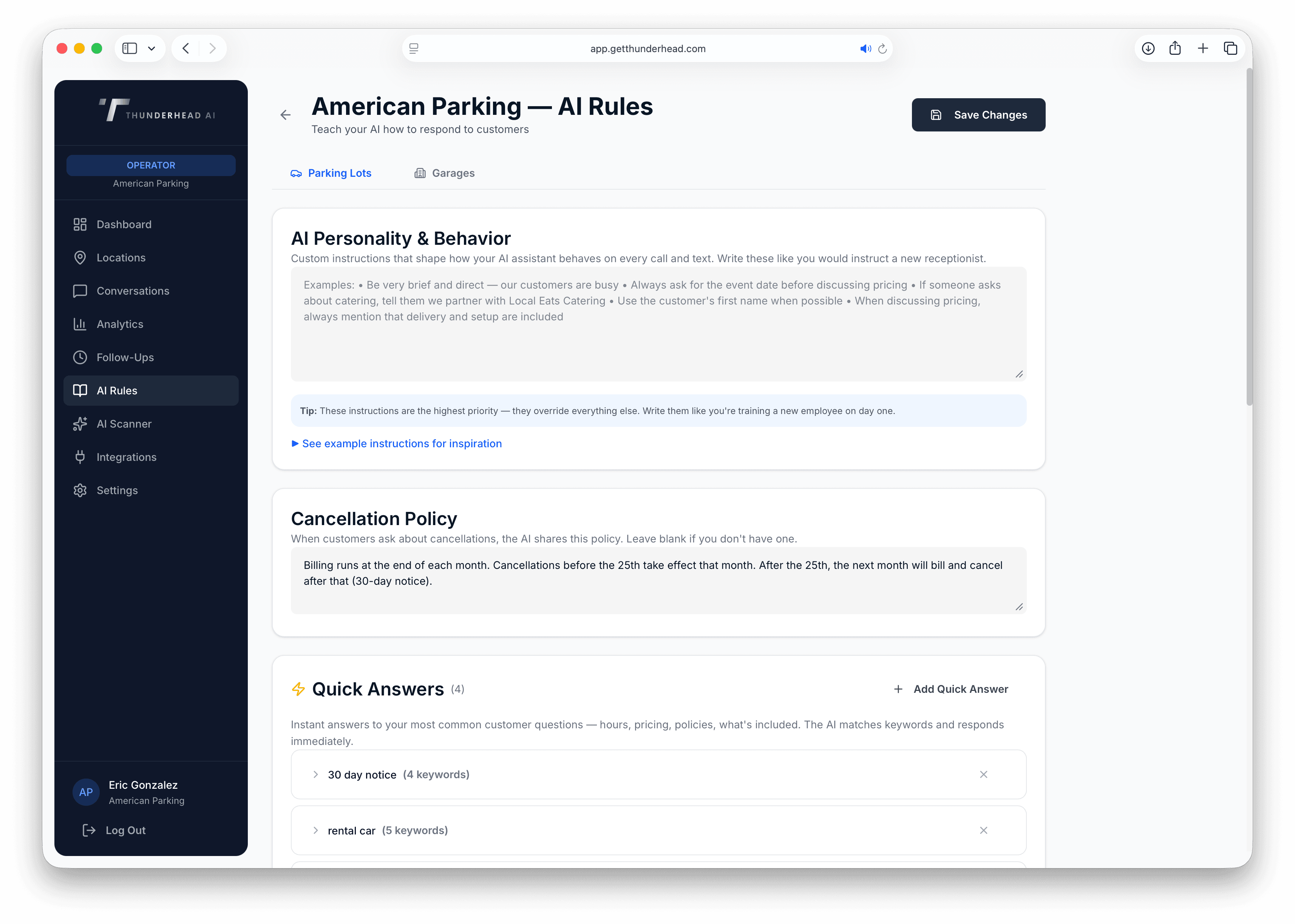 Thunderhead AI — conversation management and AI rules configuration