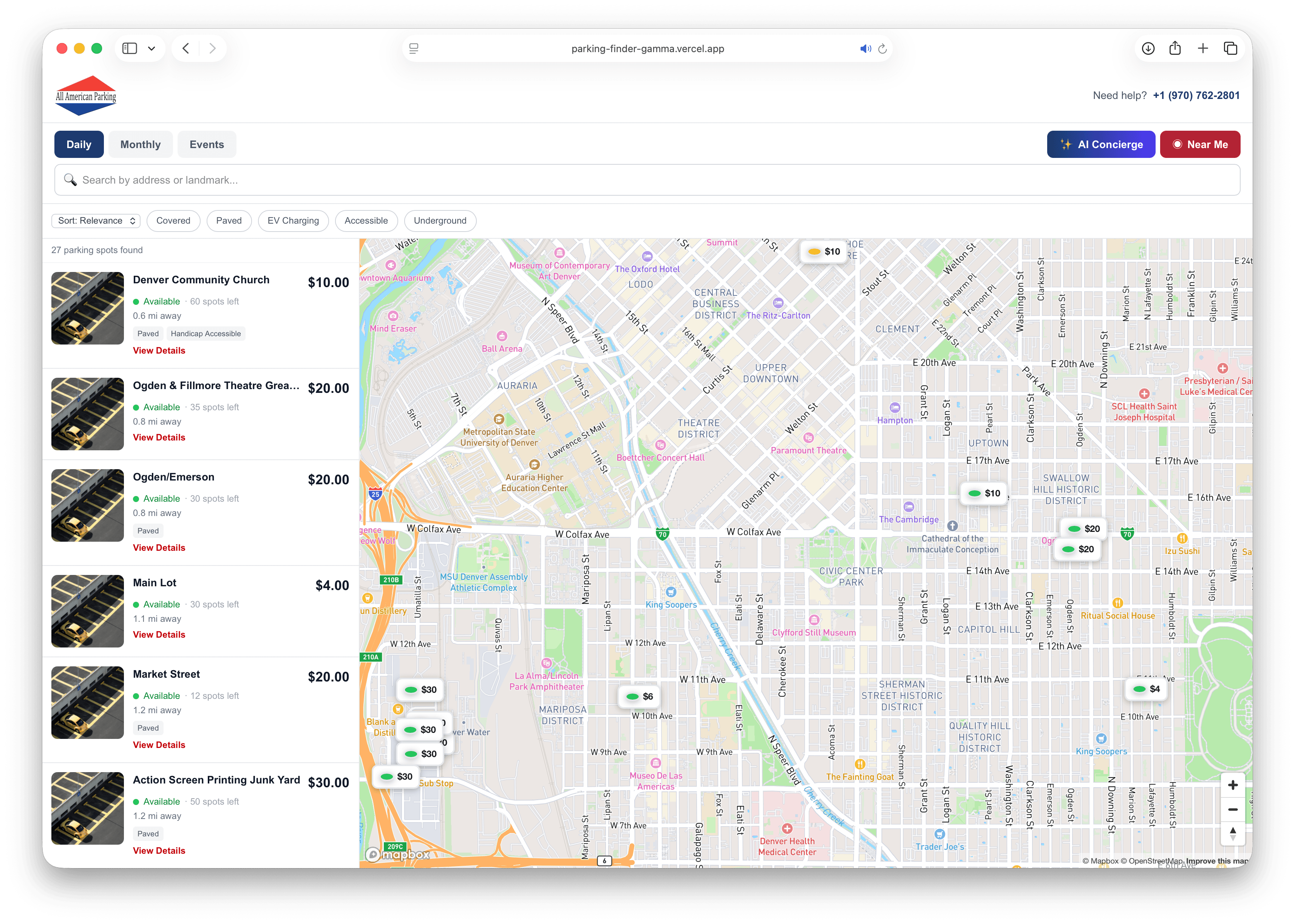 Parking Finder desktop — map view with lot listings and real-time availability